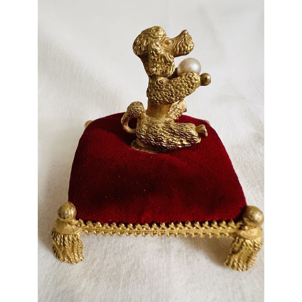 Vintage FLORENZA Poodle Figurine on Red Velvet Throne Cushion Gold Tone Pearl